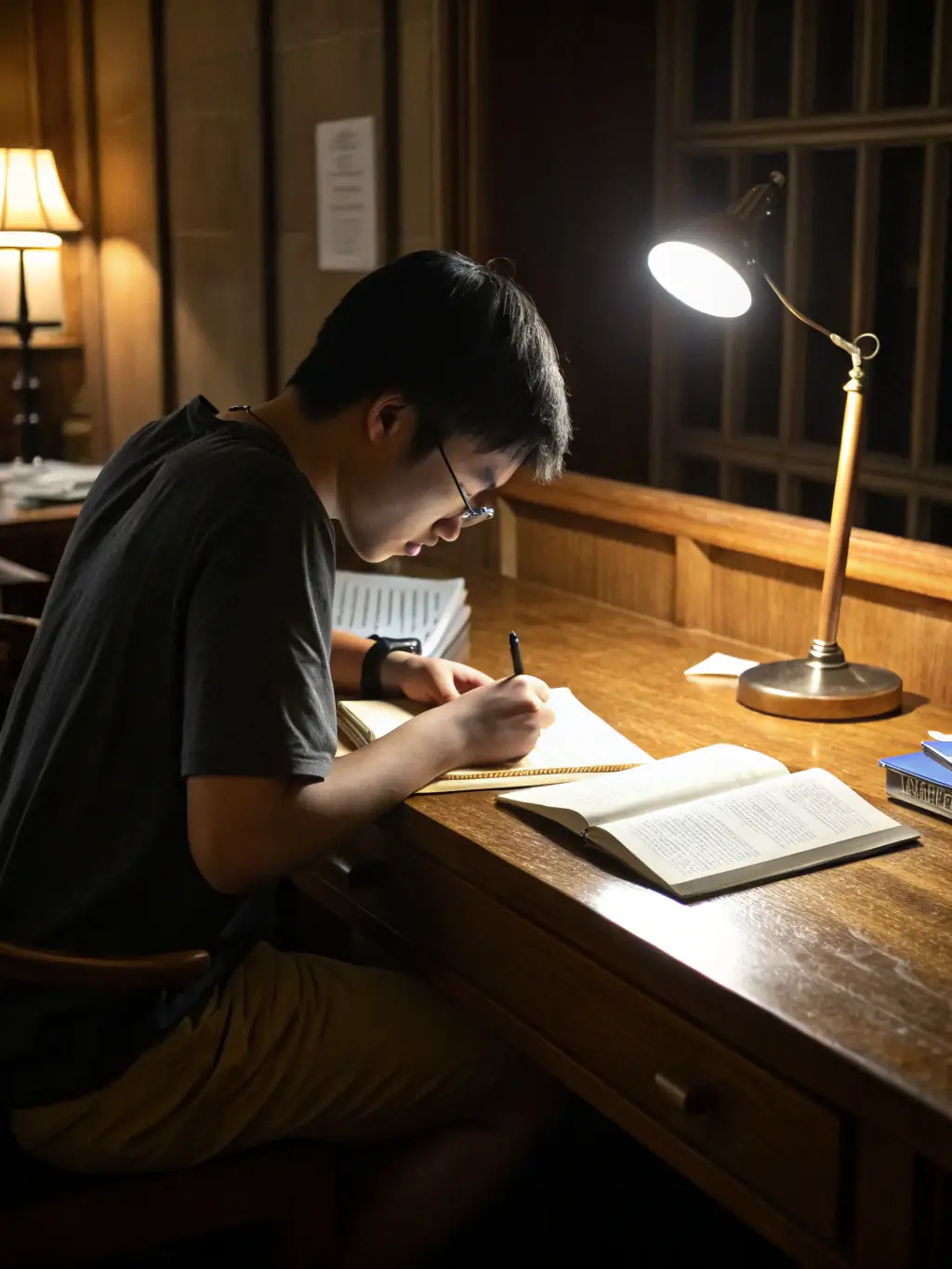 A student deeply engrossed in writing a script, surrounded by books and notes, representing the writing programs at PRESENCES.