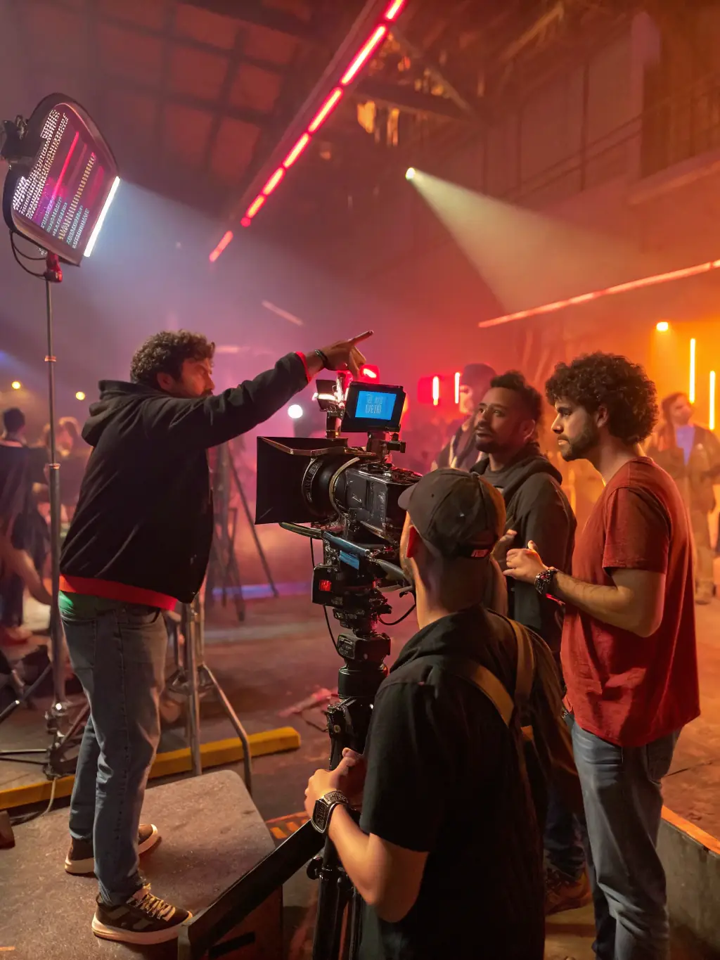 A director giving instructions to actors on set, emphasizing the directing training offered by PRESENCES.