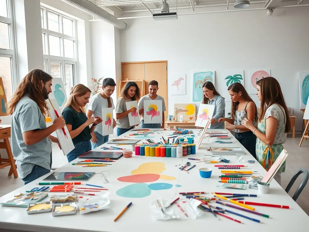 A dynamic image showcasing students actively participating in a theatrical workshop, with a focus on collaborative learning and creative expression.